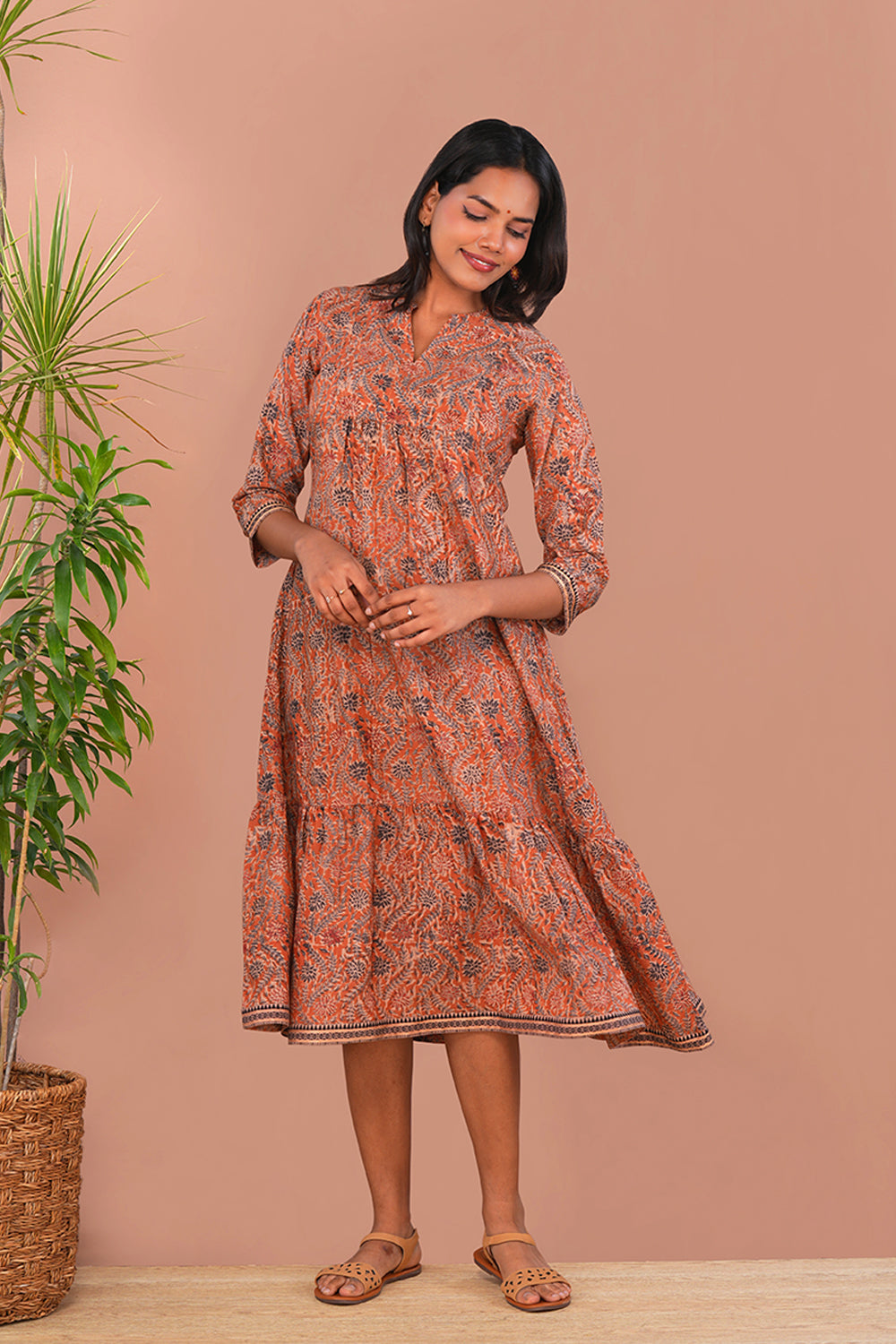 Image of Rust Floral Kalamkari dress