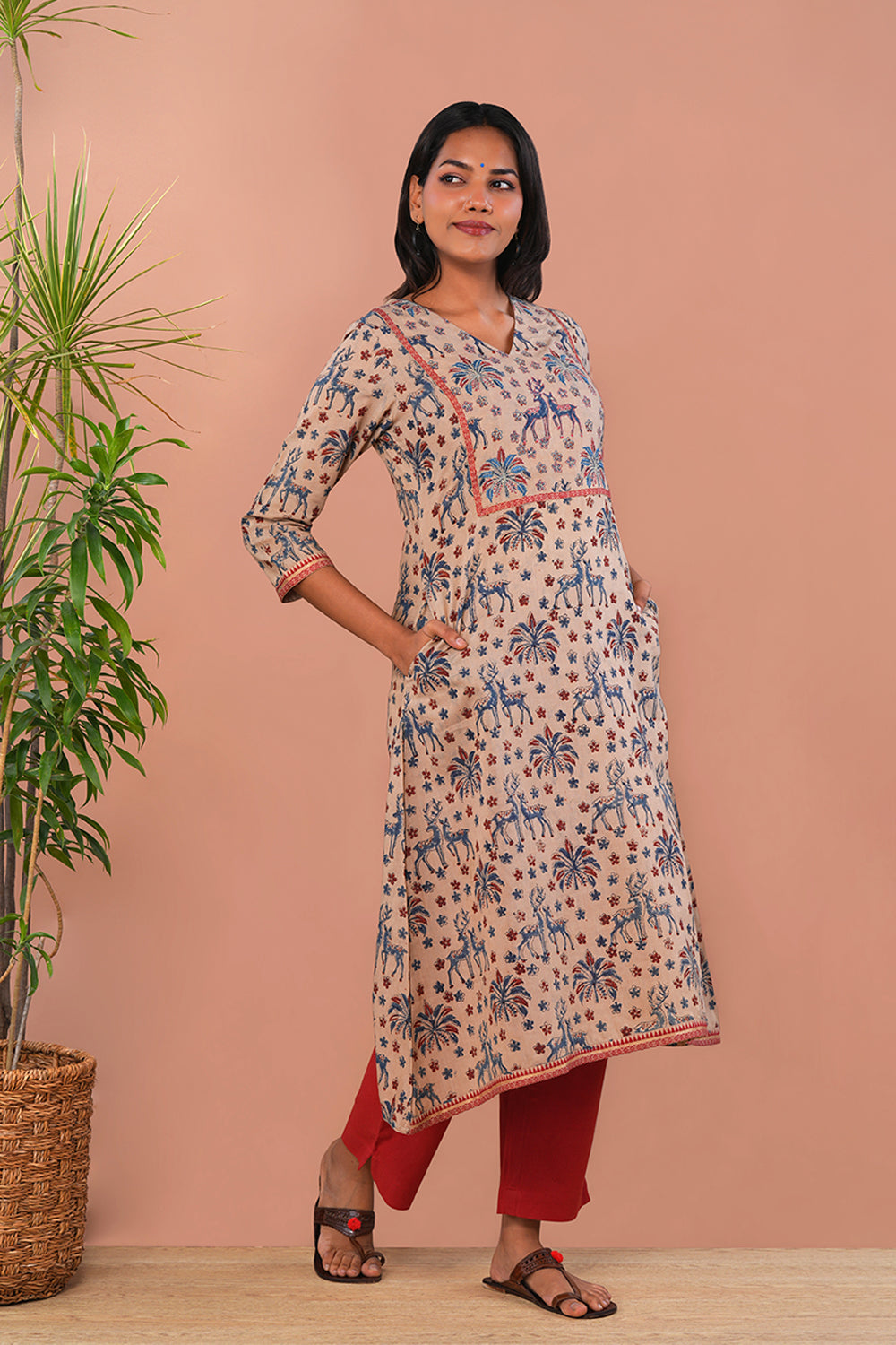 Image of Natural Beige Maroon Kalamkari Kurti
