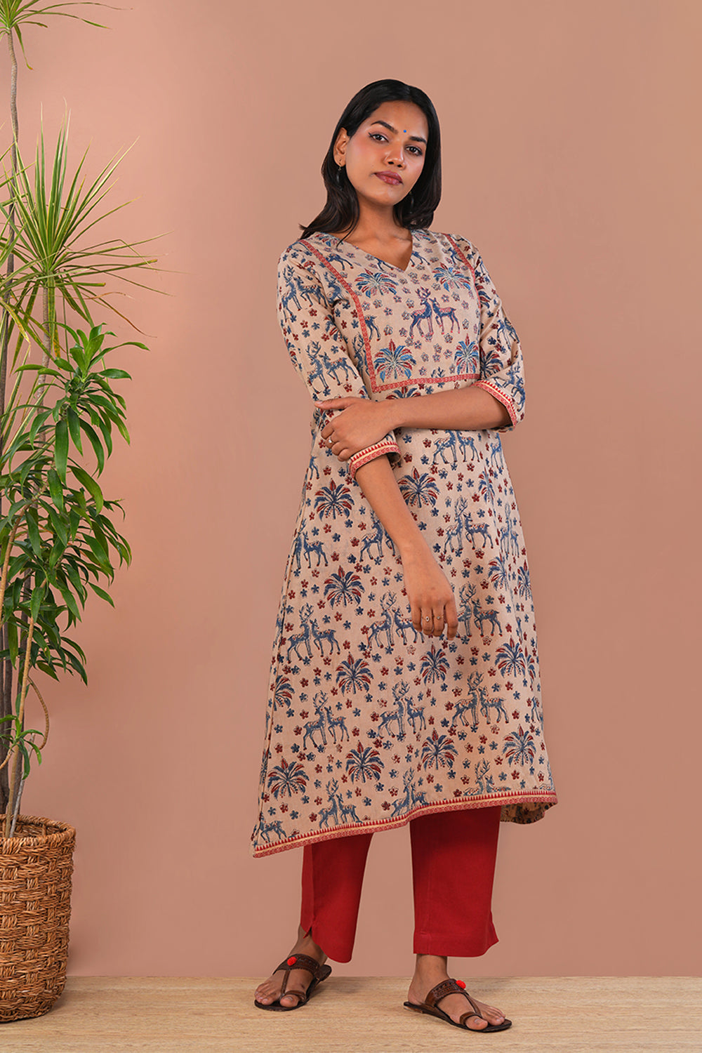 Image of Natural Beige Maroon Kalamkari Kurti