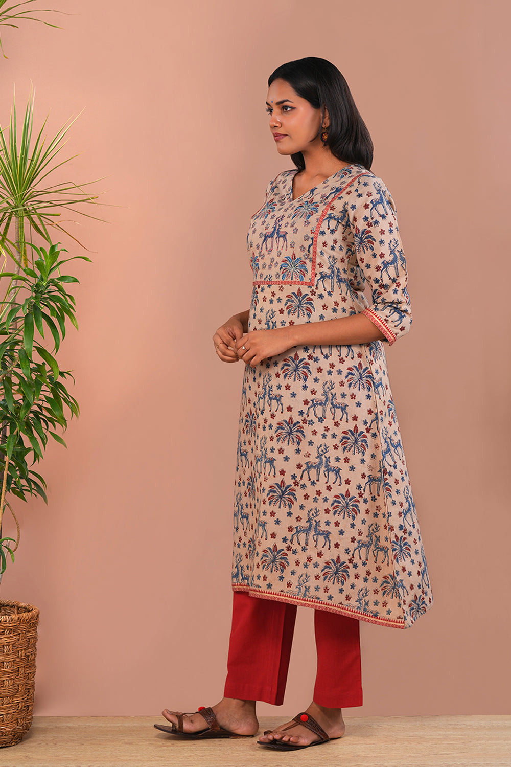 Image of Natural Beige Maroon Kalamkari Kurti