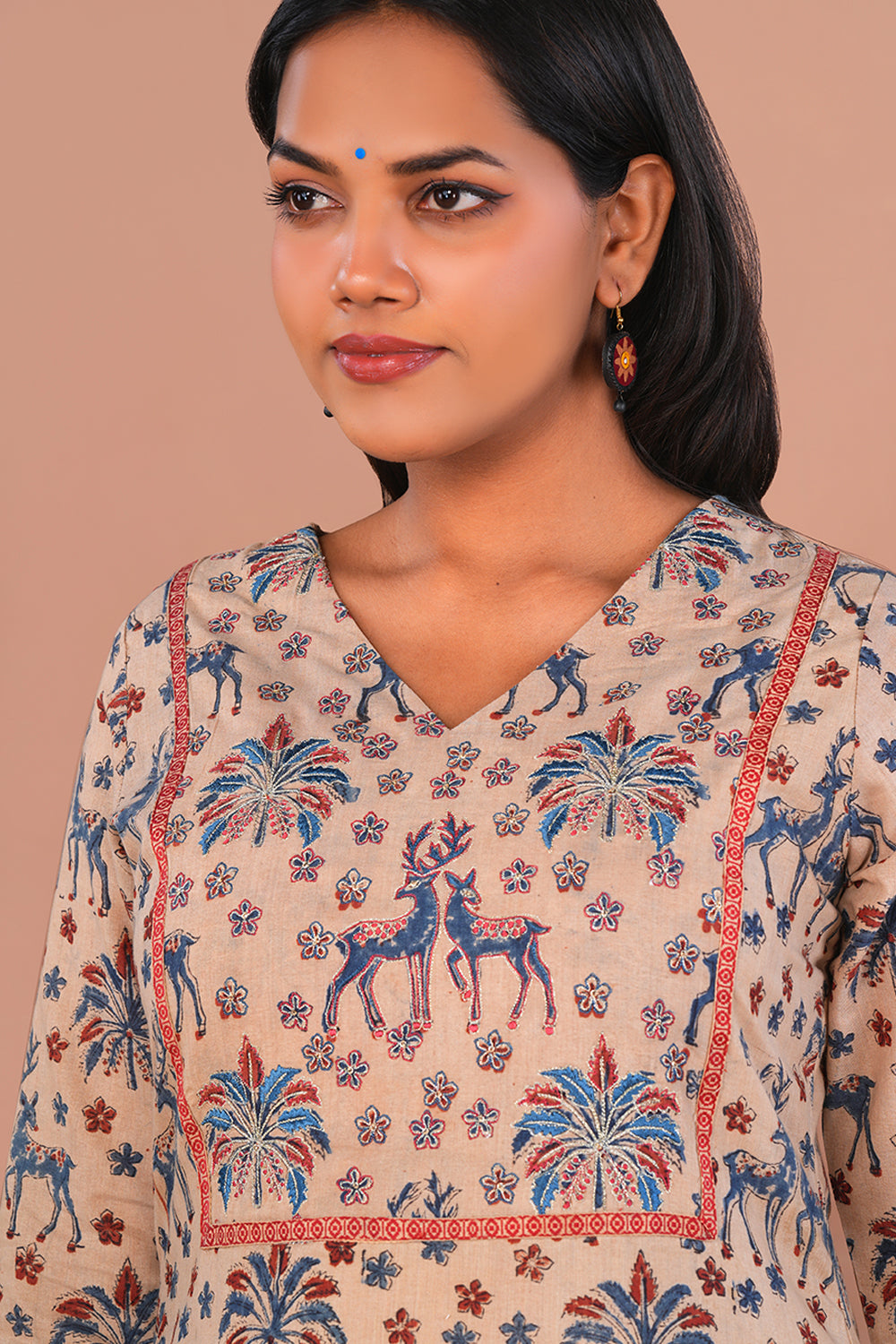 Image of Natural Beige Maroon Kalamkari Kurti