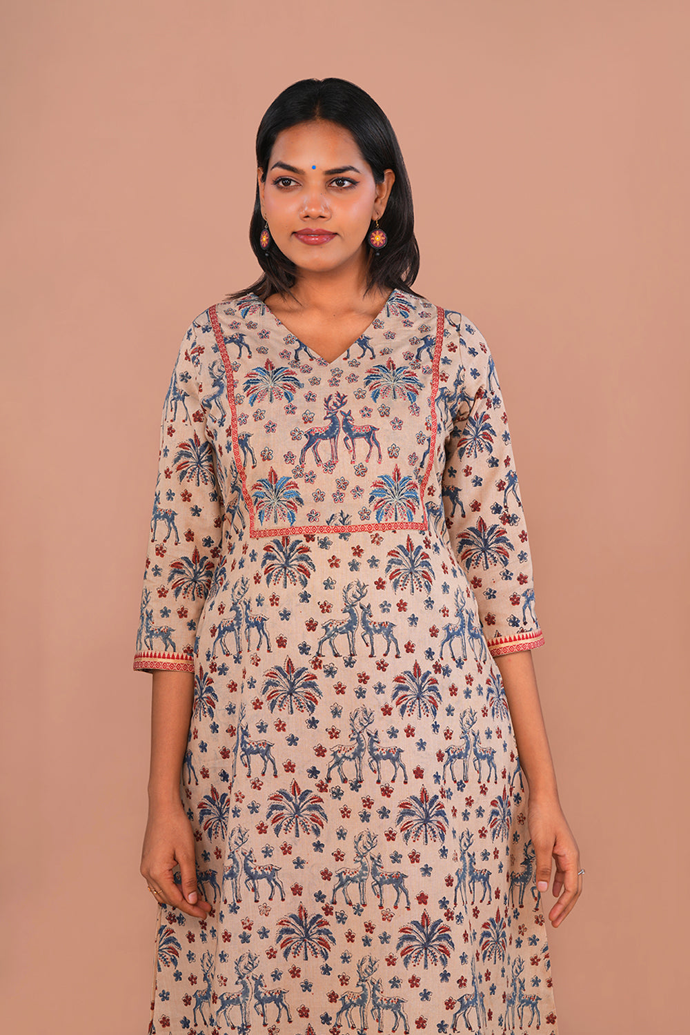 Image of Natural Beige Maroon Kalamkari Kurti