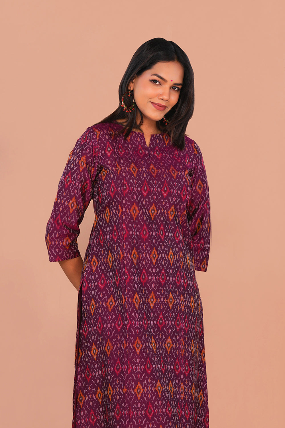 Image of Magenta maroon Pochampally Silk Ikat Kurti