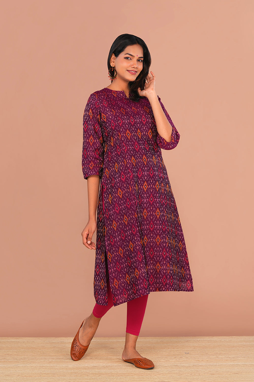 Image of Magenta maroon Pochampally Silk Ikat Kurti