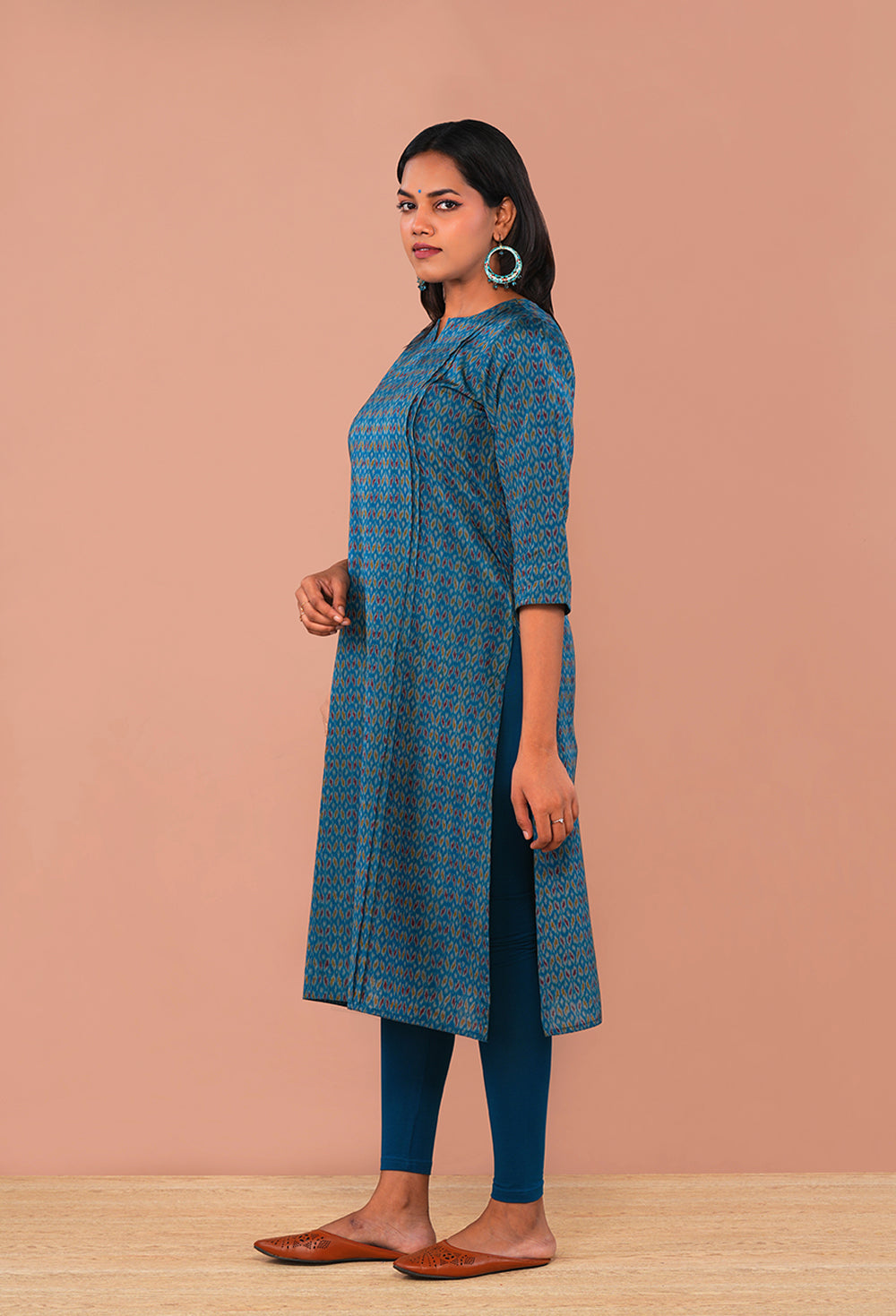 Image of Teal Blue Pochampally Silk Ikat Kurti