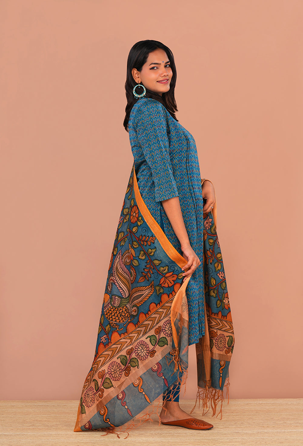 Image of Teal Blue Pochampally Silk Ikat Kurti
