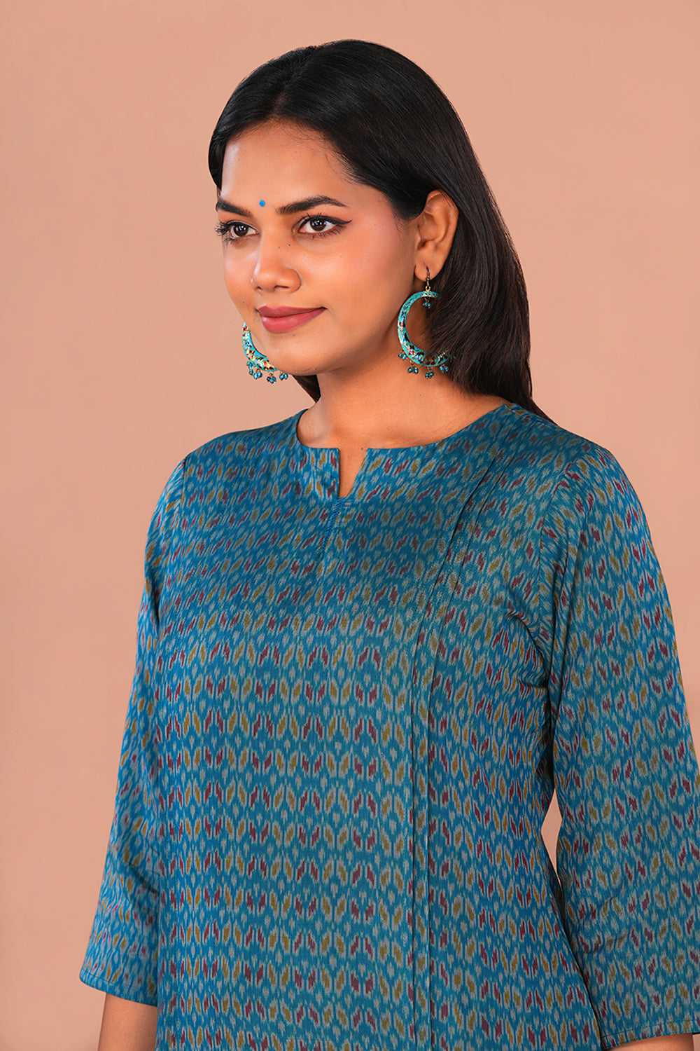 Image of Teal Blue Pochampally Silk Ikat Kurti
