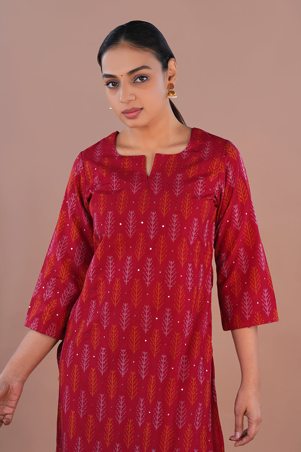 Image of Maroon Pochampally Silk Ikat Kurti
