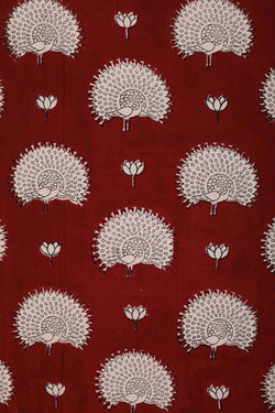 Image of Maroon peacock Bagh block printed Mul cotton saree