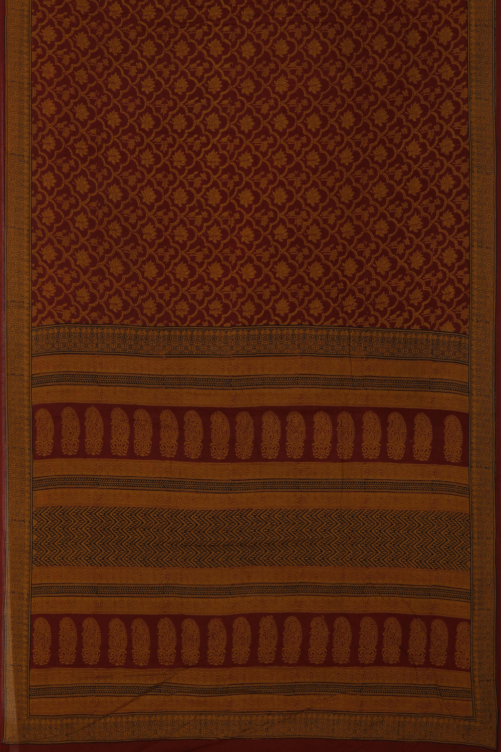 Image of Maroon and mustard Bagh block printed cotton saree