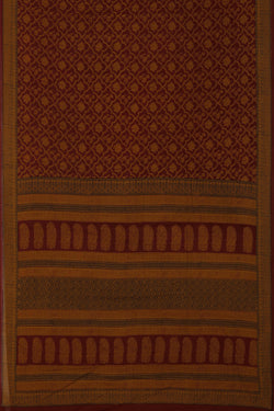 Image of Maroon and mustard Bagh block printed cotton saree