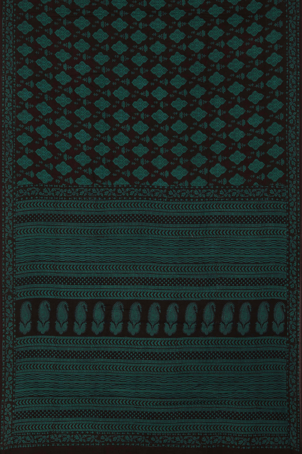 Image of Black green Bagh block printed cotton saree