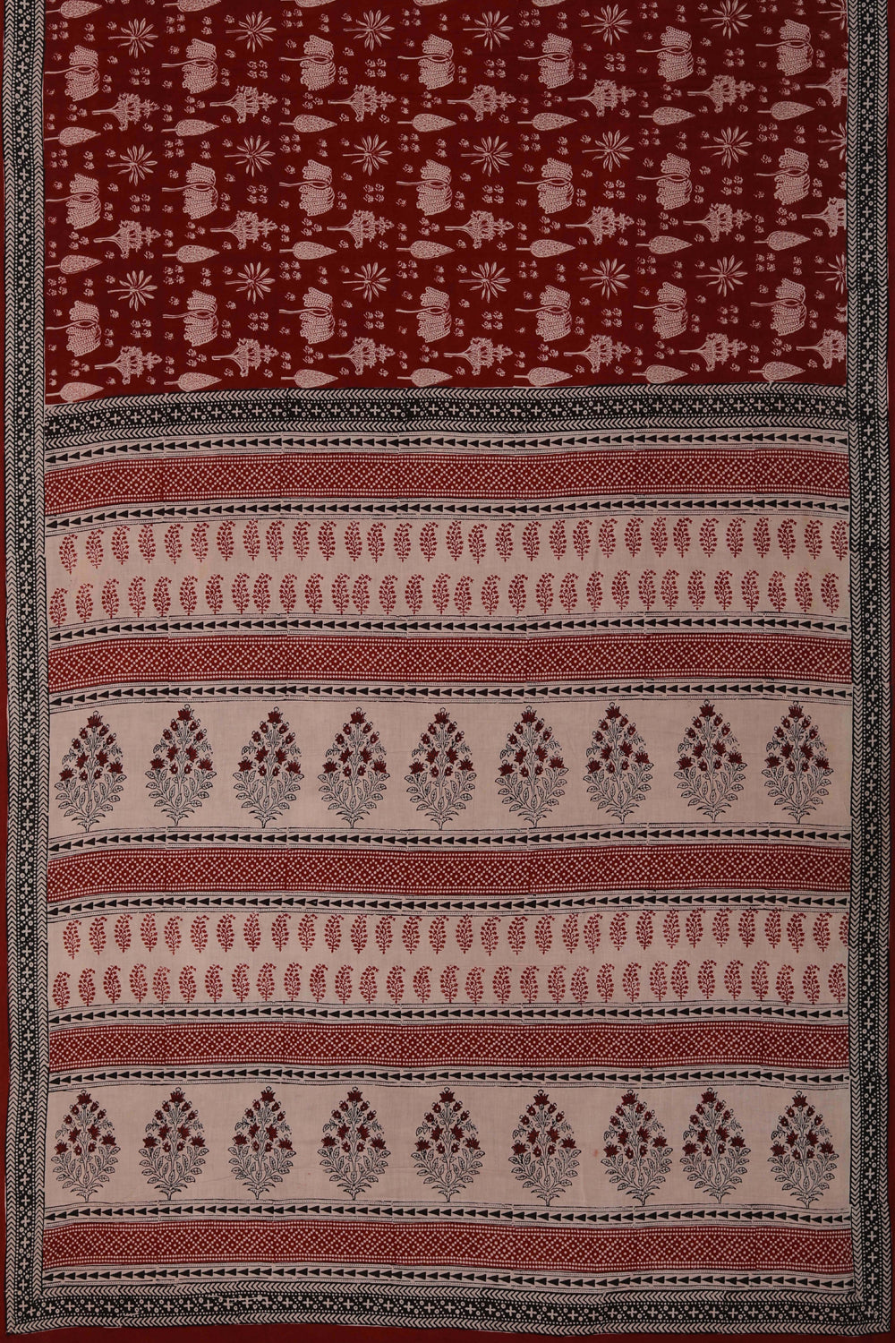 Maroon forest scene Bagh block printed cotton saree