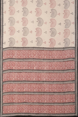 Image of Off White Bagh block printed cotton saree