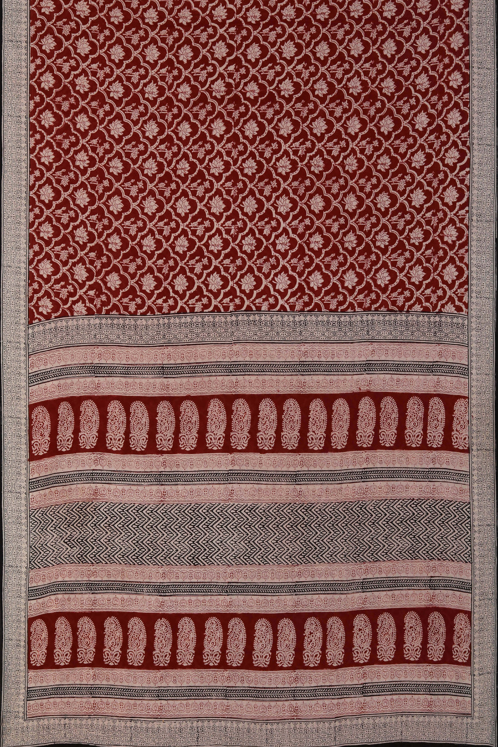 Image of Maroon Lotus Bagh block printed Mul cotton saree
