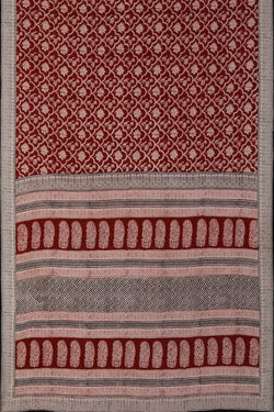 Image of Maroon Lotus Bagh block printed Mul cotton saree