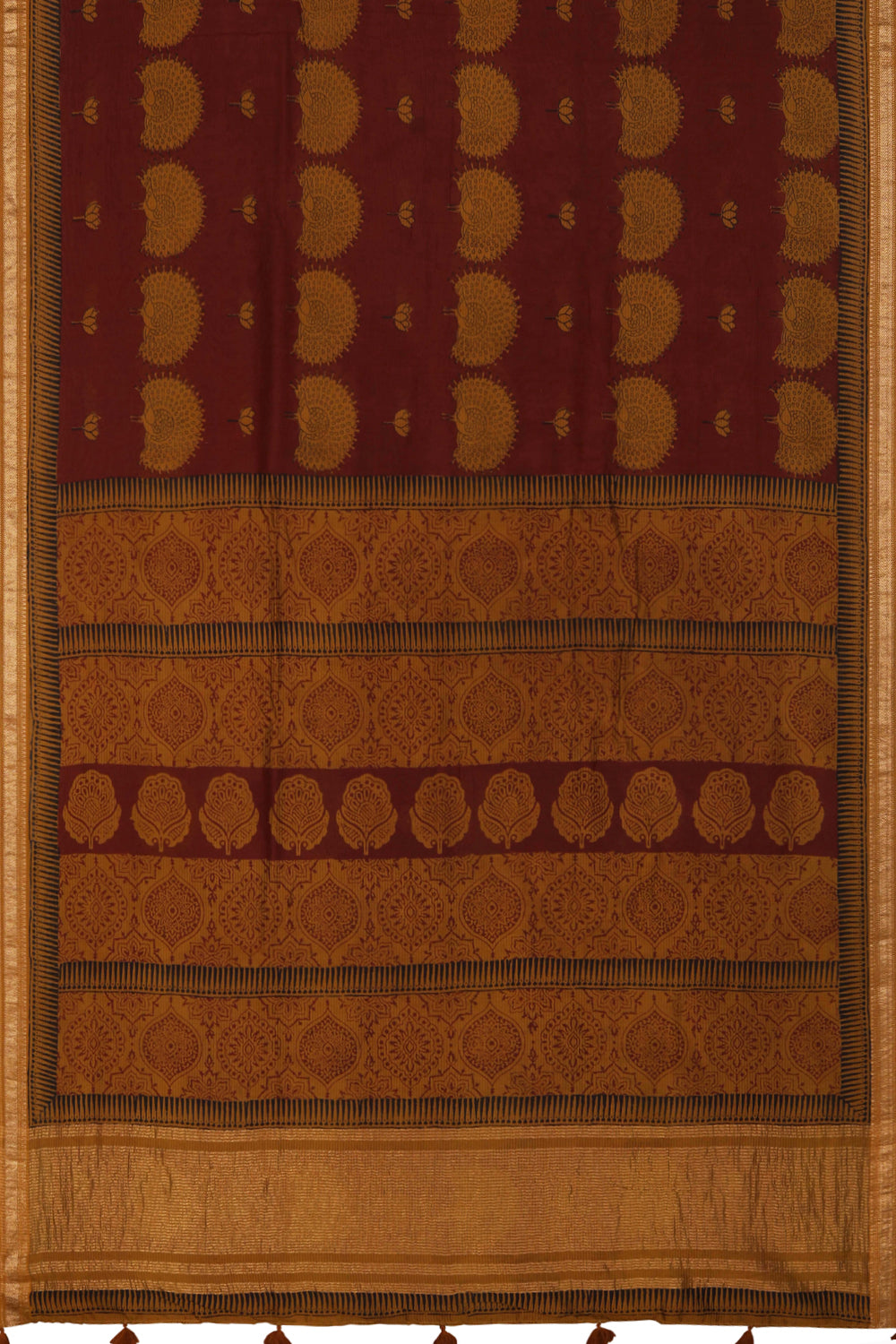 Image of Maroon Mustard peacock Bagh block printed Maheswari saree