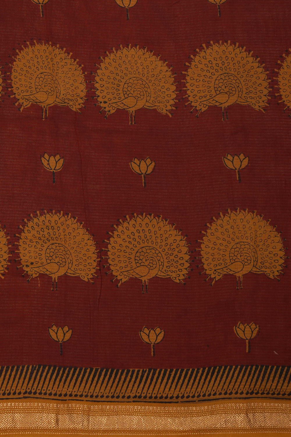 Maroon Mustard peacock Bagh block printed Maheswari saree