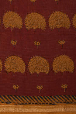 Image of Maroon Mustard peacock Bagh block printed Maheswari saree
