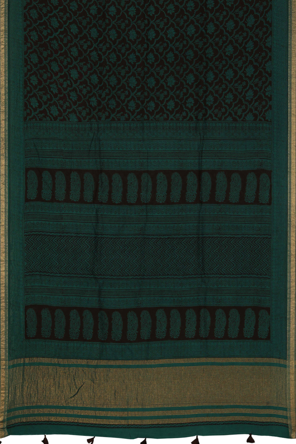 Image of Teal green lotus Bagh block printed Maheswari  saree