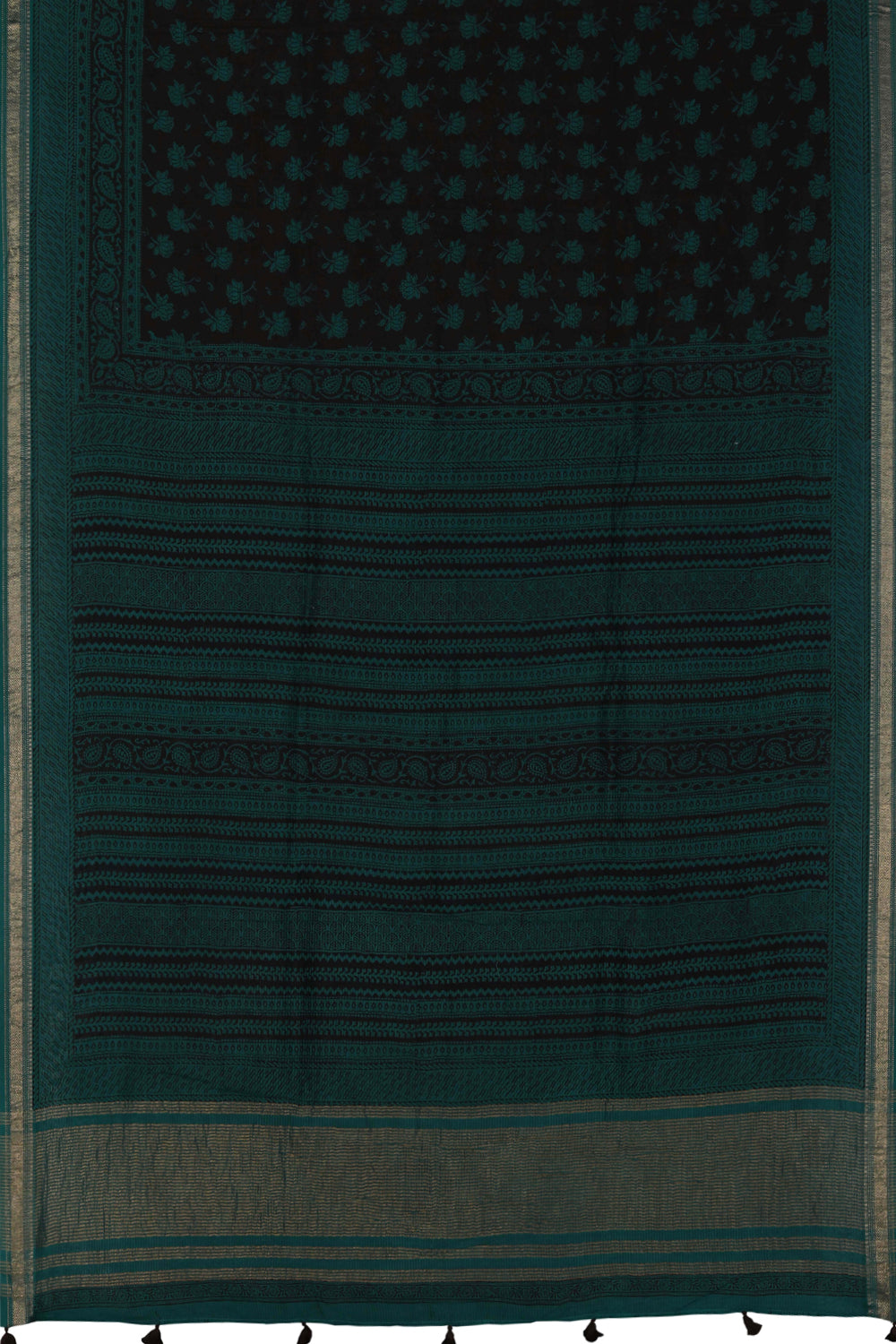 Image of Teal green Bagh block printed Maheswari saree
