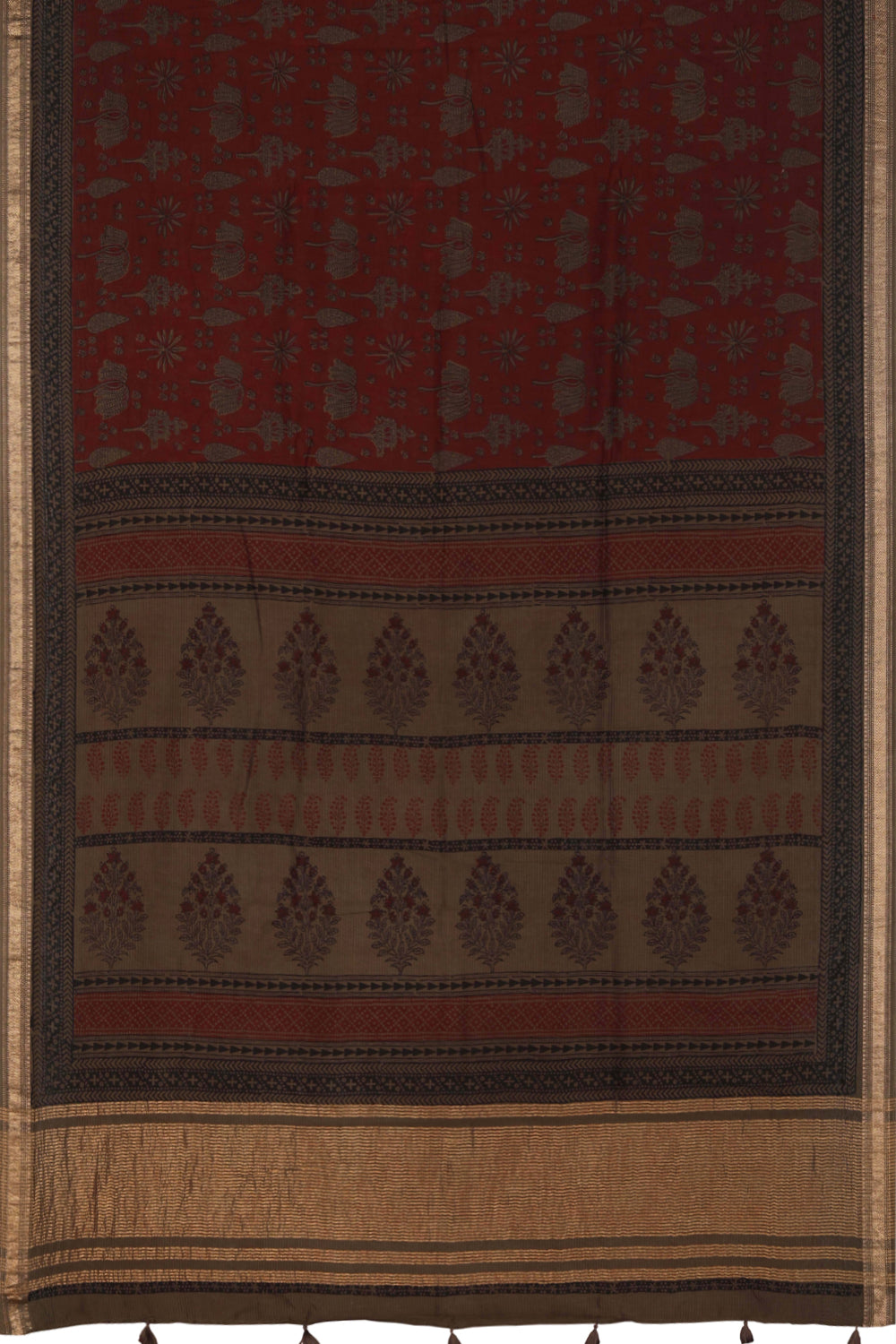 Maroon grey Bagh block printed Maheswari saree