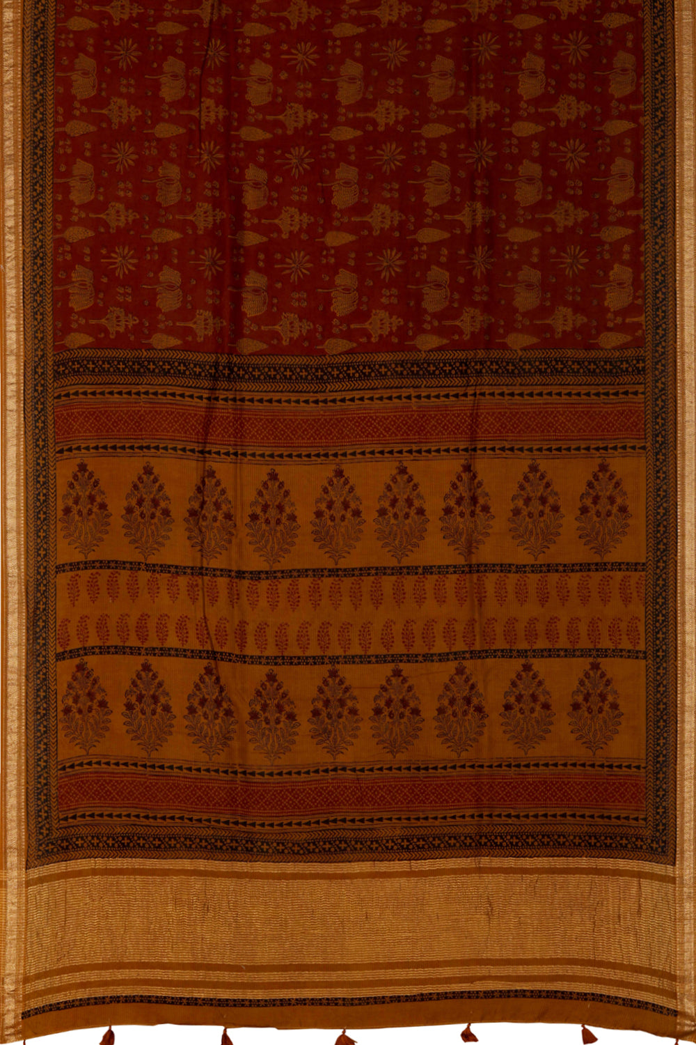 Image of Maroon Mustard Bagh block printed  Maheswari  saree
