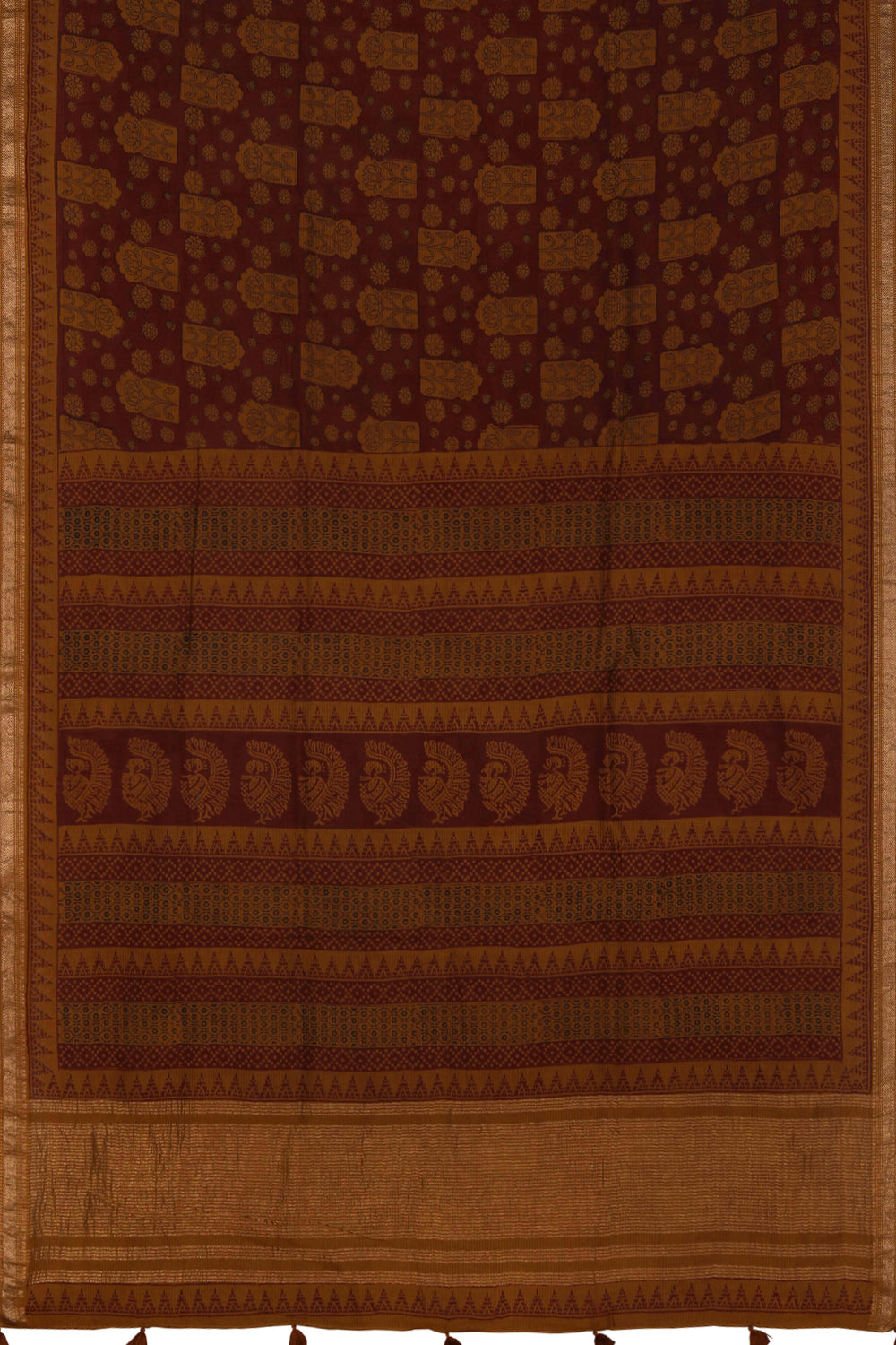 Image of Brick Maroon  Bagh block printed Maheswari saree