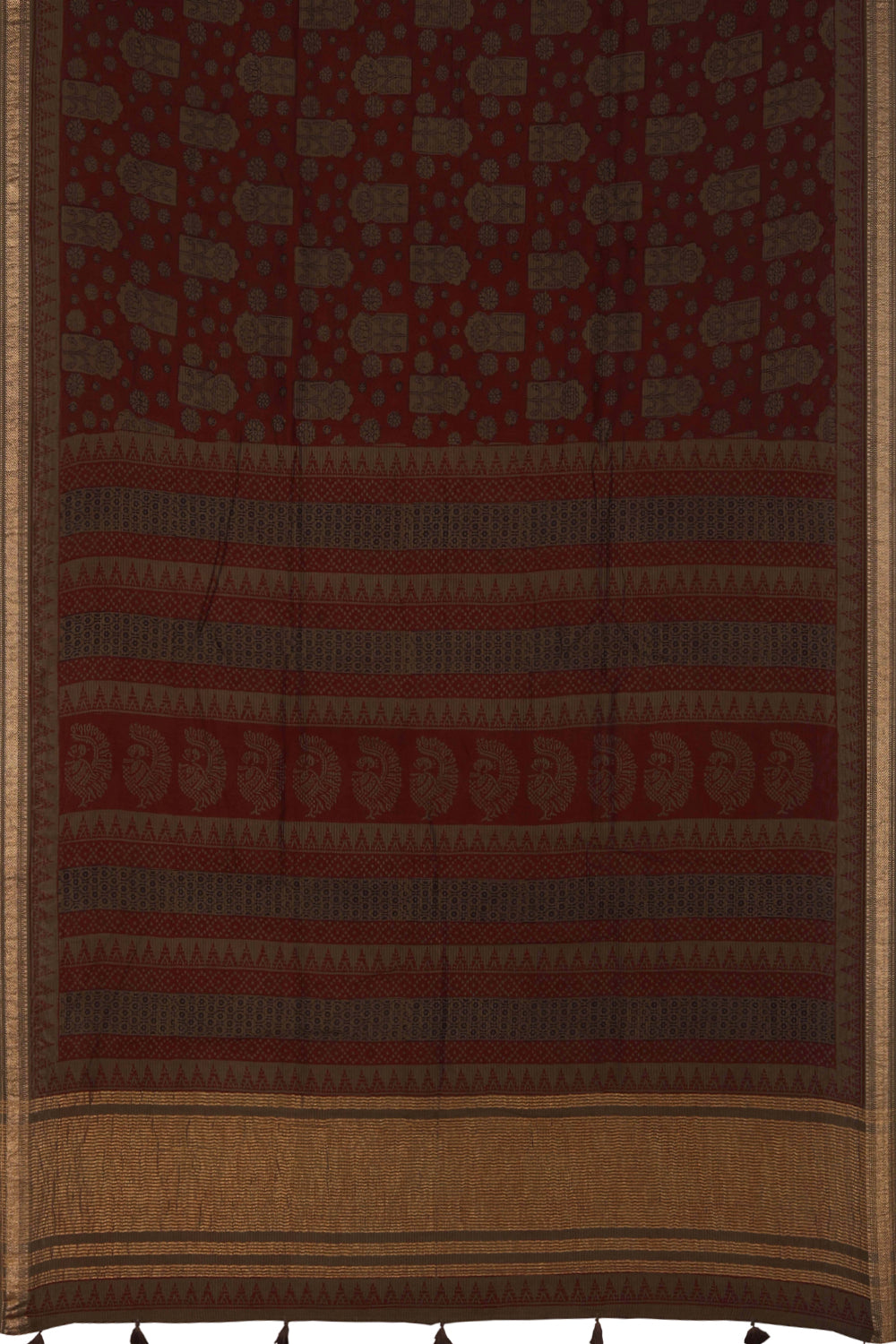 Image of Maroon grey Bagh block printed  Maheswari saree