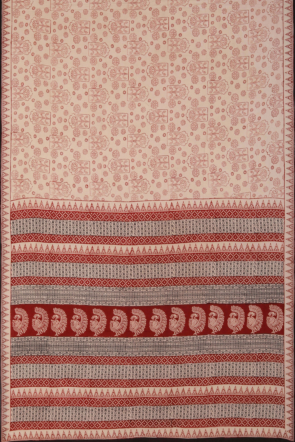 Image of Off White floral Bagh block printed cotton saree