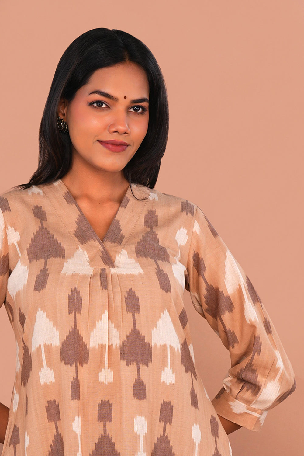 Image of Beige Cotton Pochampally Ikat Kurta