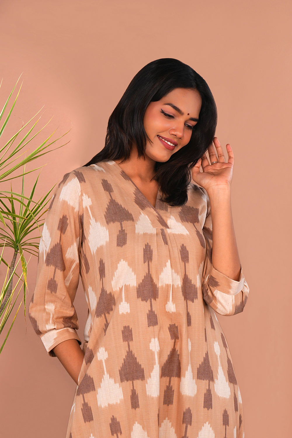 Image of Beige Cotton Pochampally Ikat Kurta