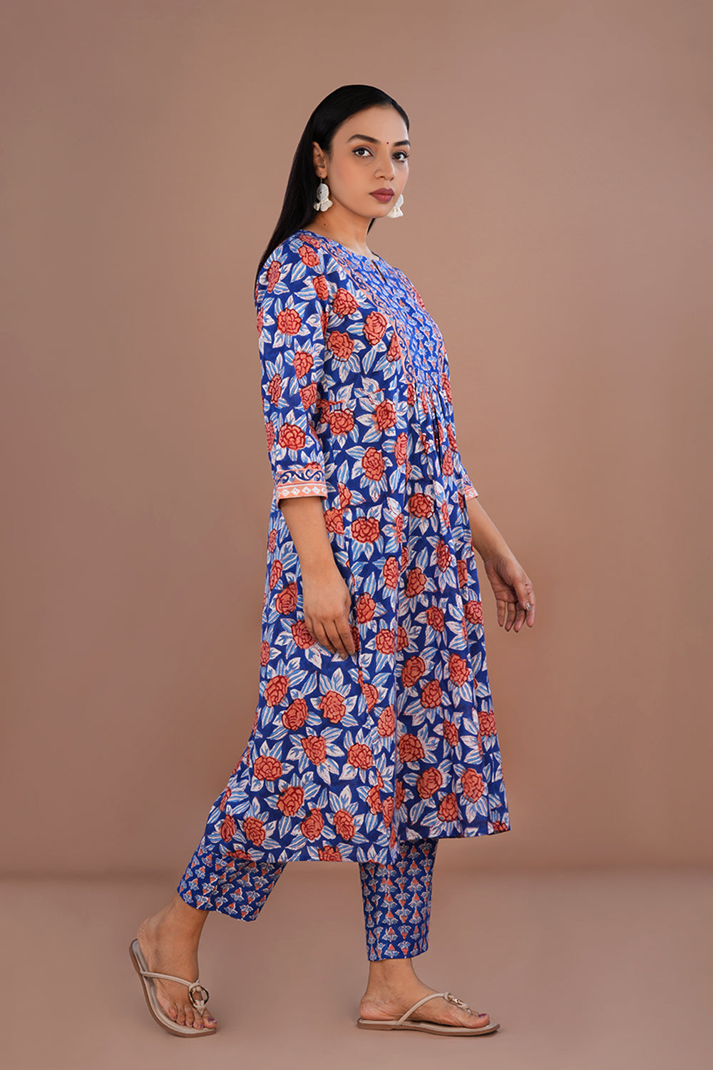 Blue block printed cotton kurta and pants set