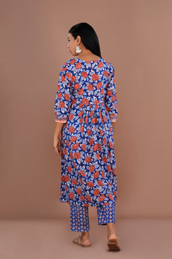Image of Blue block printed cotton kurta and pants set