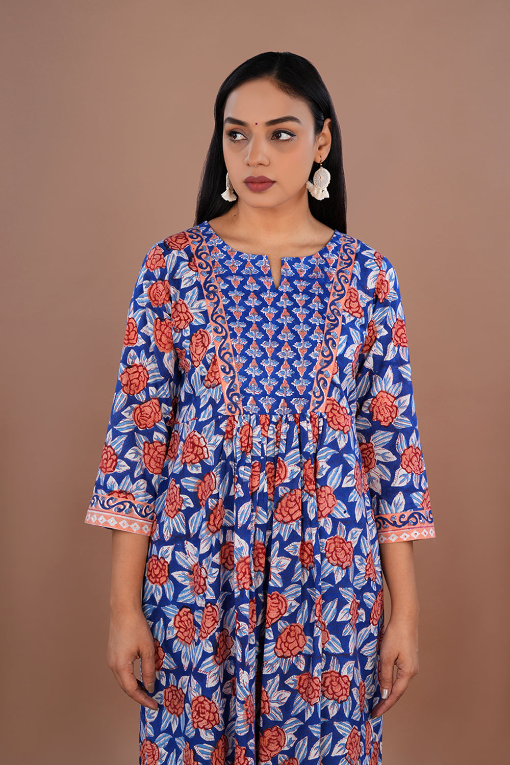 Blue block printed cotton kurta and pants set