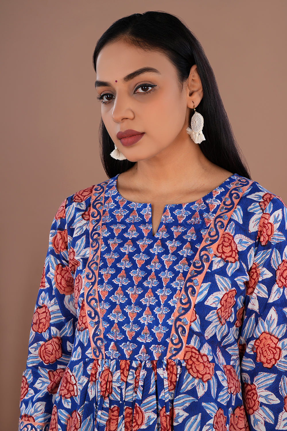 Blue block printed cotton kurta and pants set