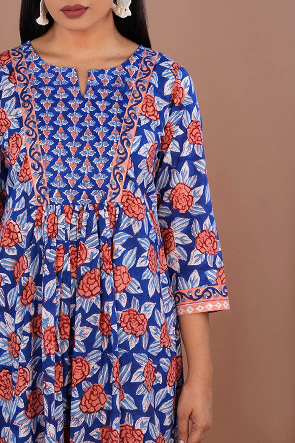 Blue block printed cotton kurta and pants set