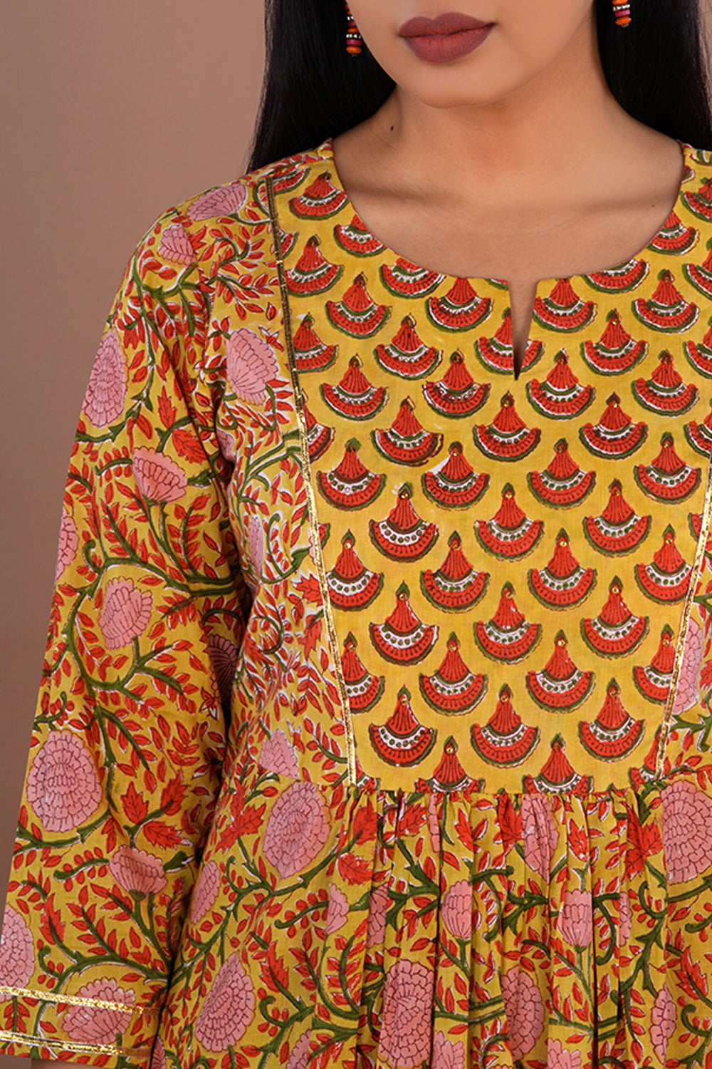 Image of Mustard yellow floral block printed cotton kurta and pants set