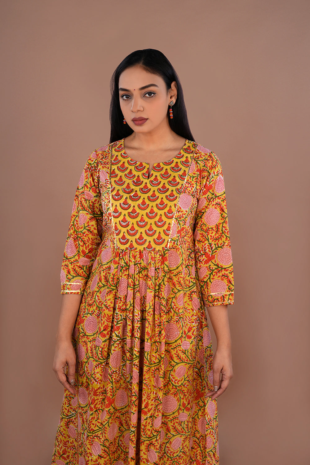 Image of Mustard yellow floral block printed cotton kurta and pants set