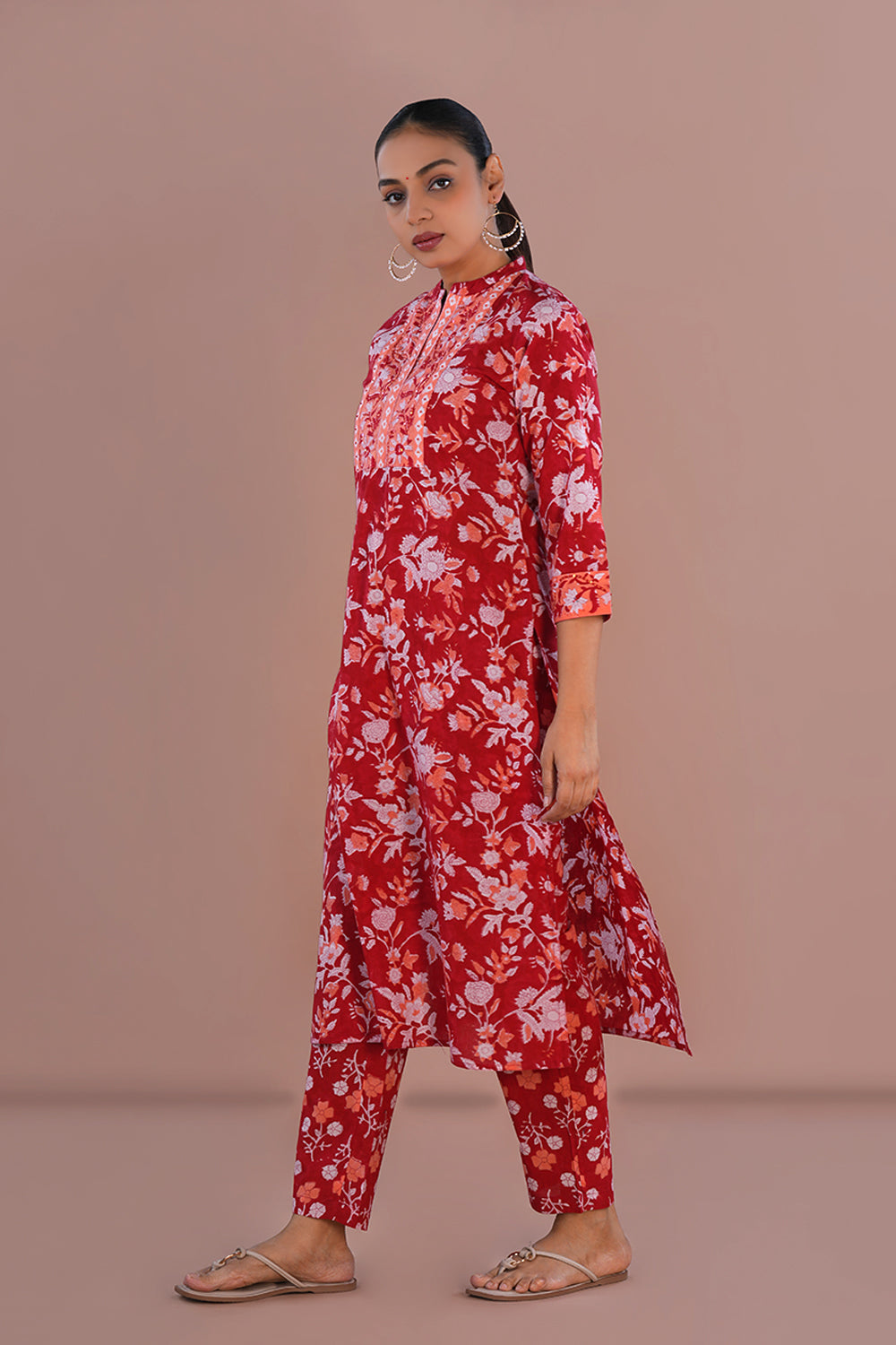 Image of Red Floral Sanganeri Cotton block printed kurta Set