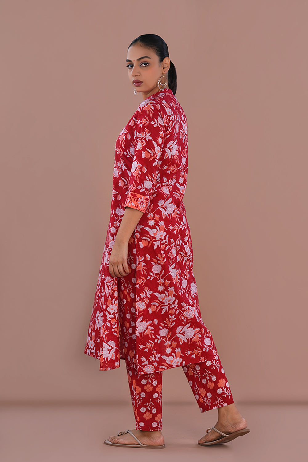 Image of Red Floral Sanganeri Cotton block printed kurta Set