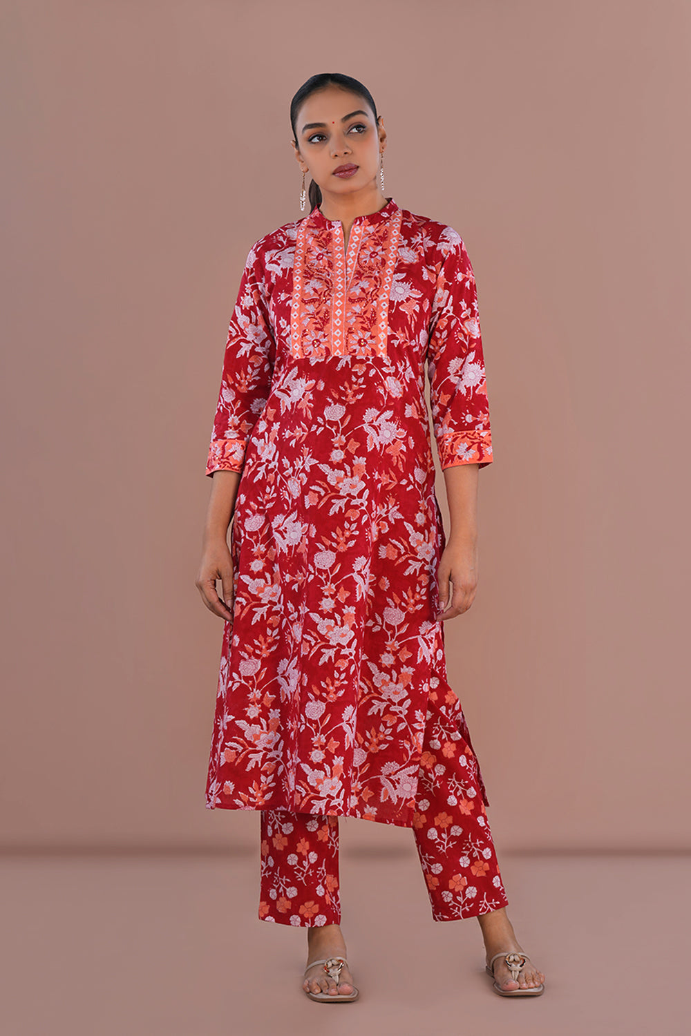 Image of Red Floral Sanganeri Cotton block printed kurta Set