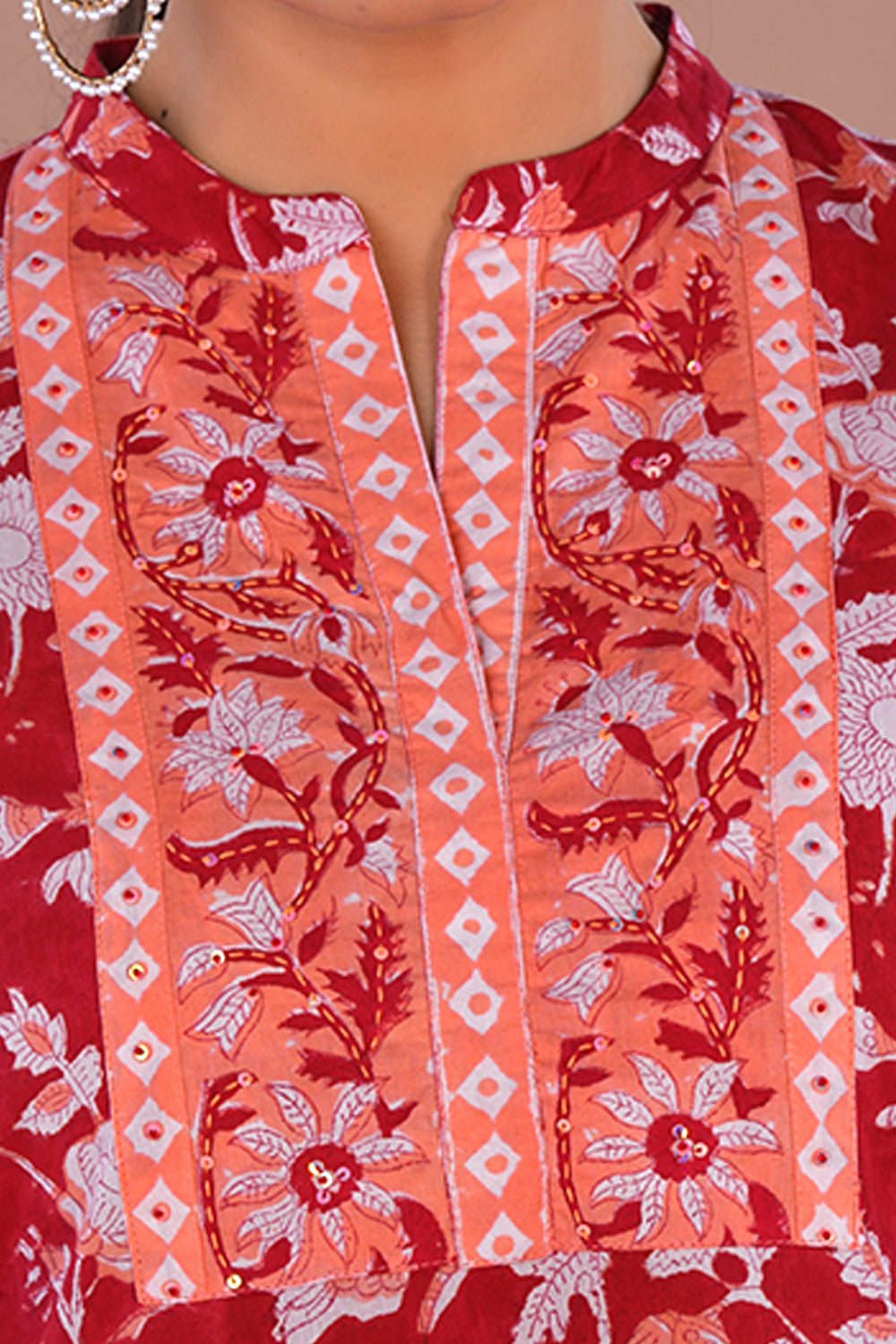 Image of Red Floral Sanganeri Cotton block printed kurta Set