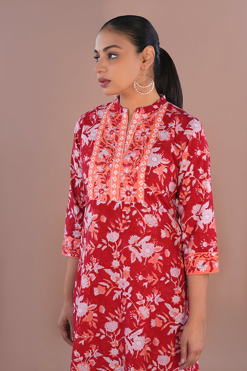 Image of Red Floral Sanganeri Cotton block printed kurta Set