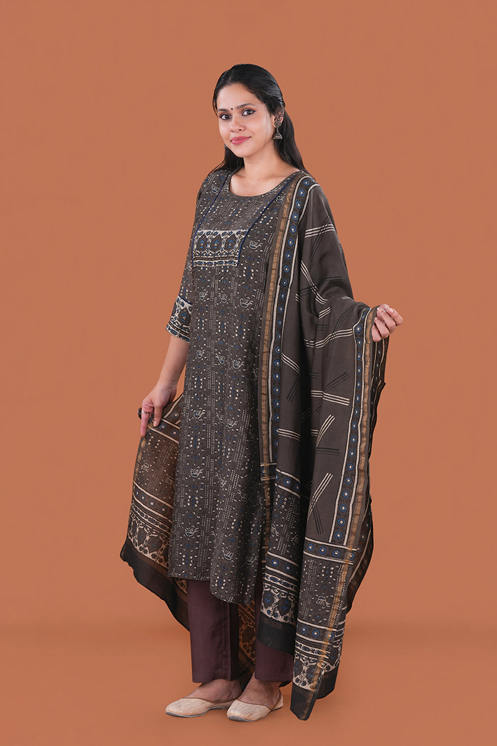 Image of Coffee Brown Ajrak handblock printed Chanderi Kurta set