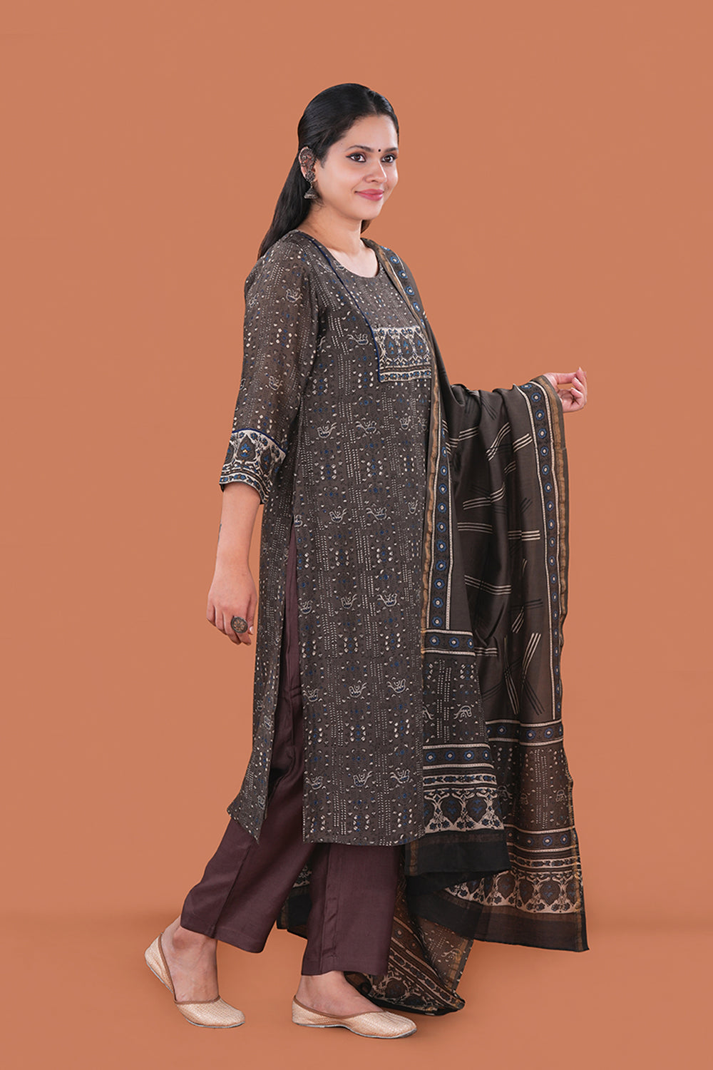 Image of Coffee Brown Ajrak handblock printed Chanderi Kurta set