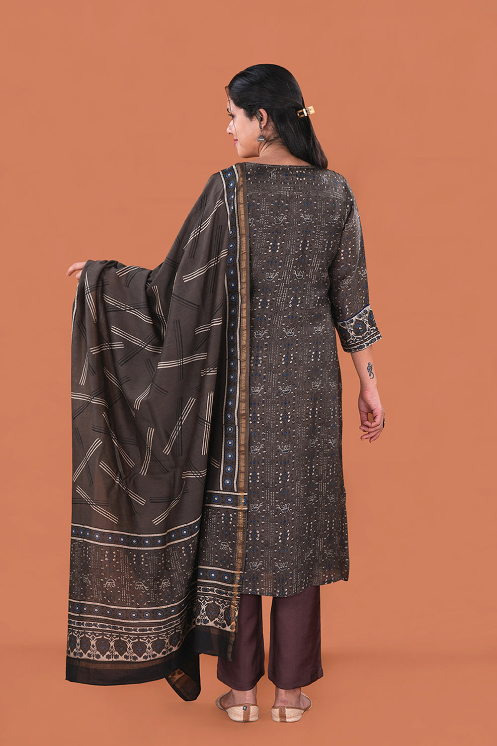 Image of Coffee Brown Ajrak handblock printed Chanderi Kurta set