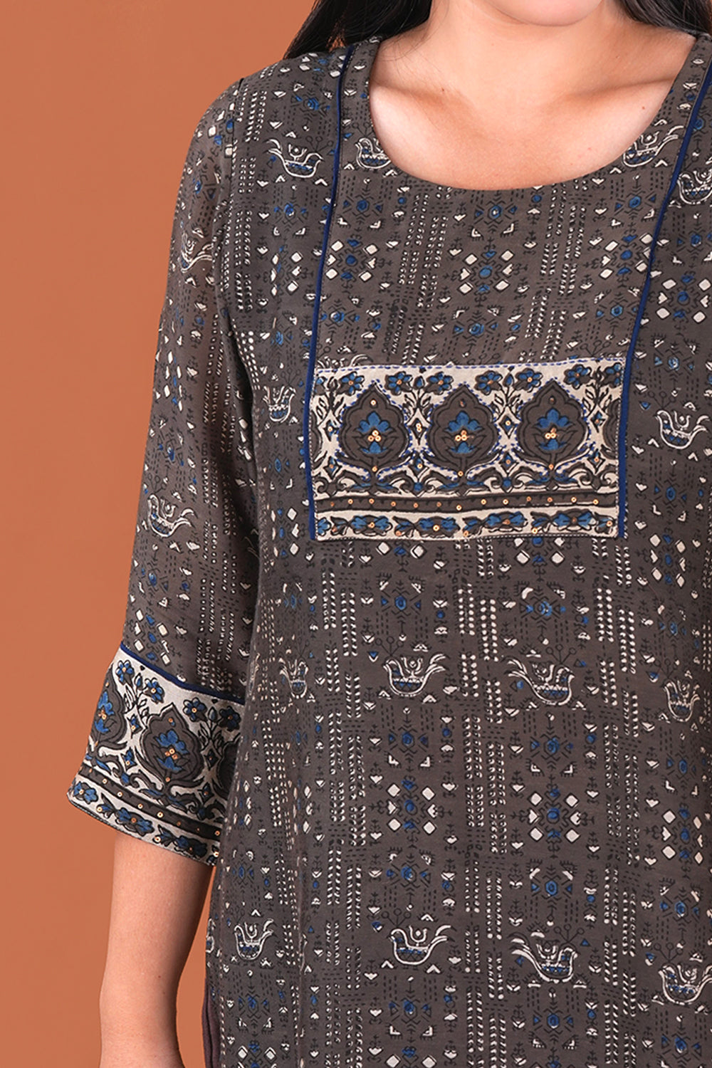 Image of Coffee Brown Ajrak handblock printed Chanderi Kurta set