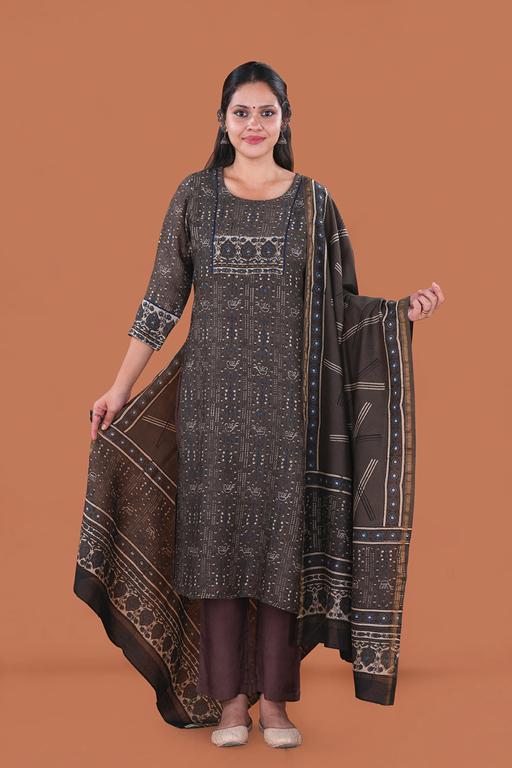 Image of Coffee Brown Ajrak handblock printed Chanderi Kurta set