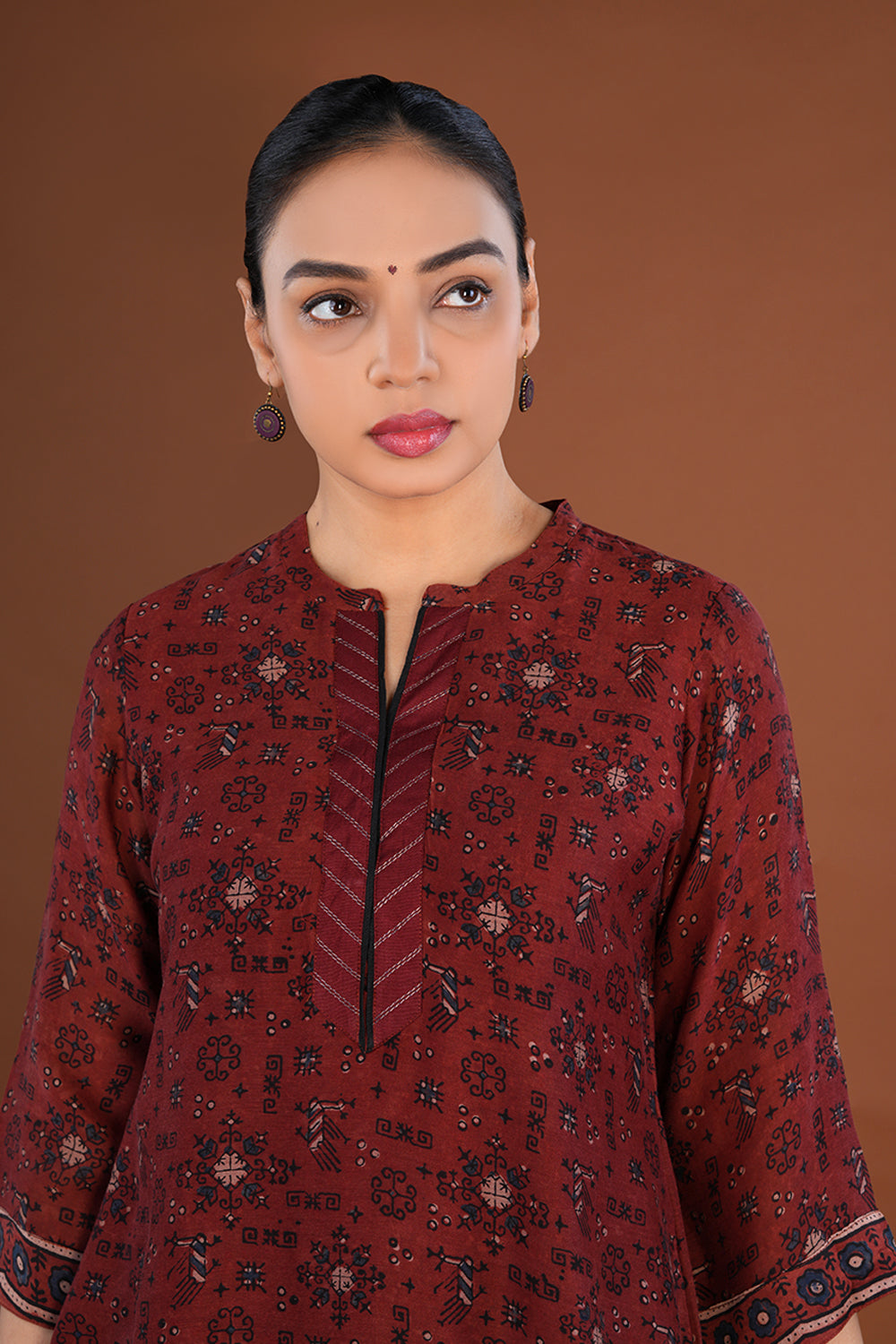 Maroon Ajrak handblock printed Chanderi Kurta set